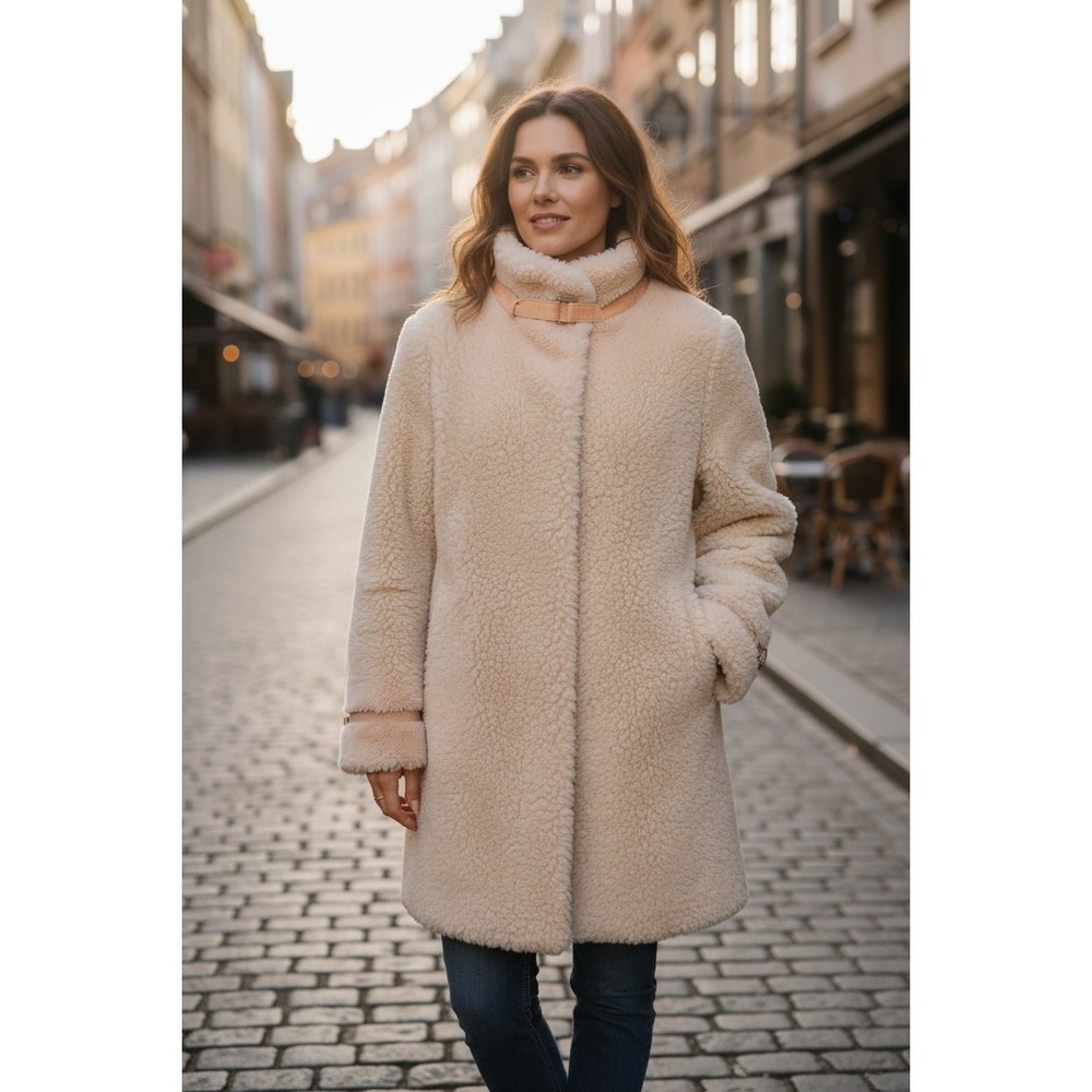 Incognita Cream Faux Fur Teddy Coat Tan Buckle Neck Medium Womens Ivory Jacket